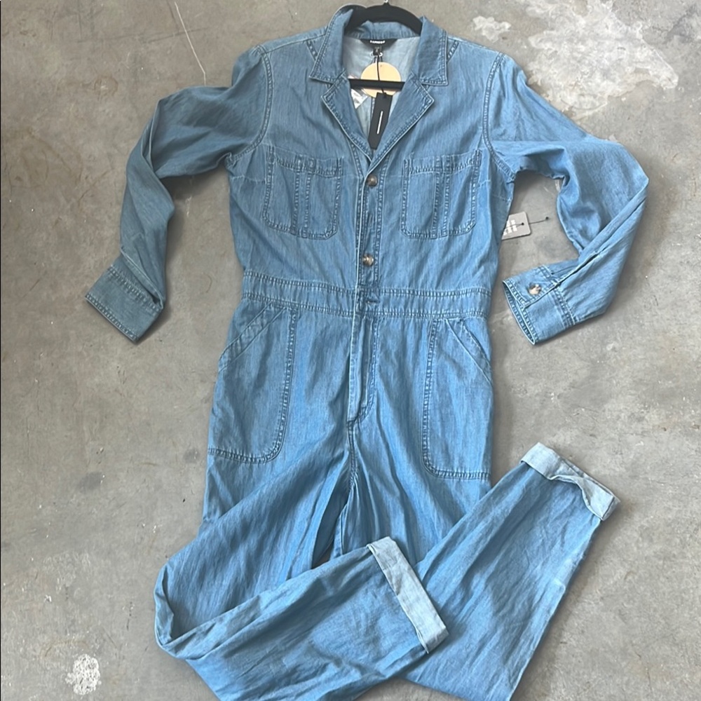 Express Blue Denim Utility Button front Jumpsuit Size M